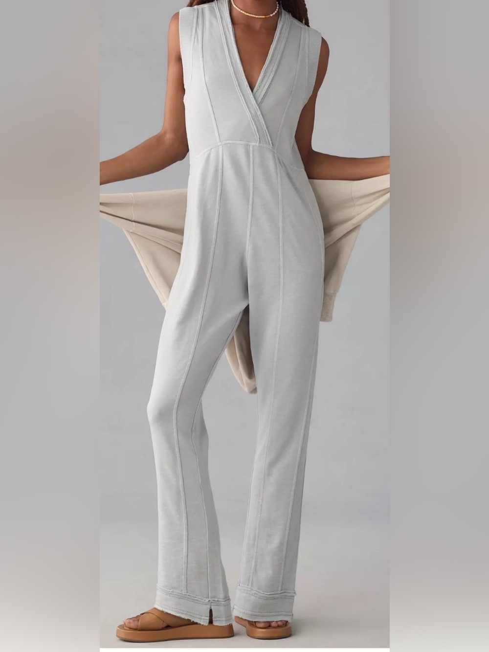 NWT Anthropologie Daily Practice 100% Cotton Landing Jumpsuit Gray V-Neck M